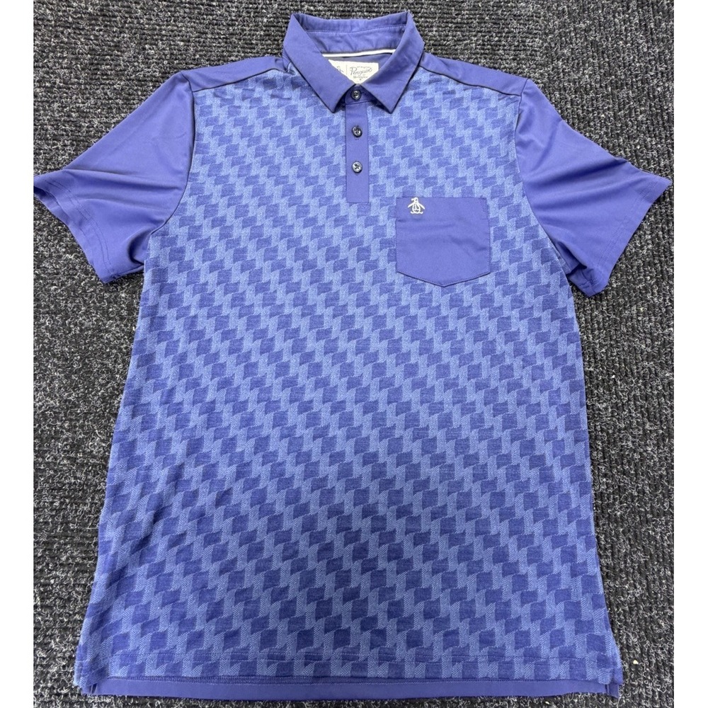 Original Penguin Polo Shirt Mens Medium Blue Geometric Print Short Sleeve